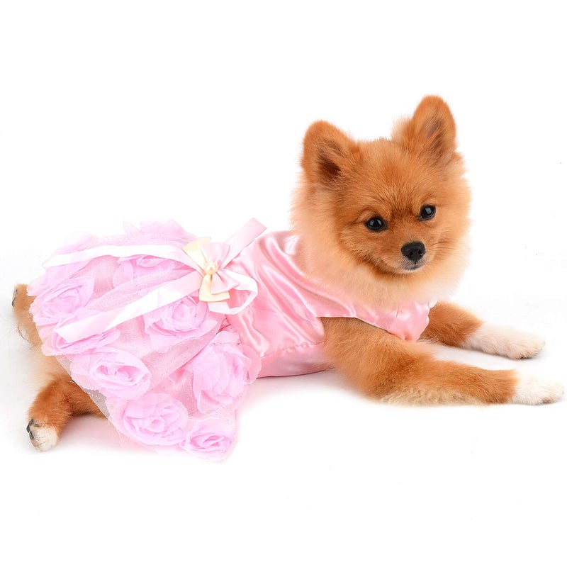 PAIDEFUL Pet Dress for Small Dog Girls Luxury Puppy Wedding Dress Rose Flower Lace Tutu Skirt Silky Bow Birthday Party Dog Clothes,Pink,Size S - Image 2